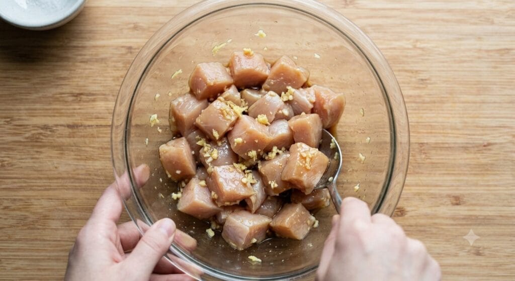 Chicken Stir-Fry Sauce Formula Recipe | Easy Cooking Guide 12 A glass bowl filled with raw chicken cubes being mixed with minced garlic and seasoning using a spoon, showing the marination step in the Chicken Stir-Fry Sauce Formula Recipe.