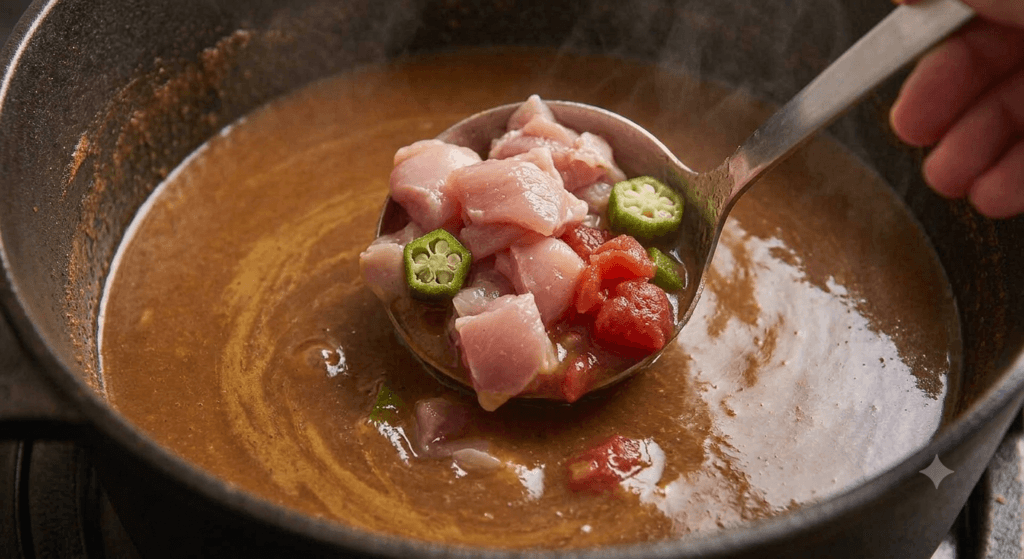 A metal ladle lowering cubed chicken thighs, sliced okra, and diced tomatoes into a simmering brown broth.