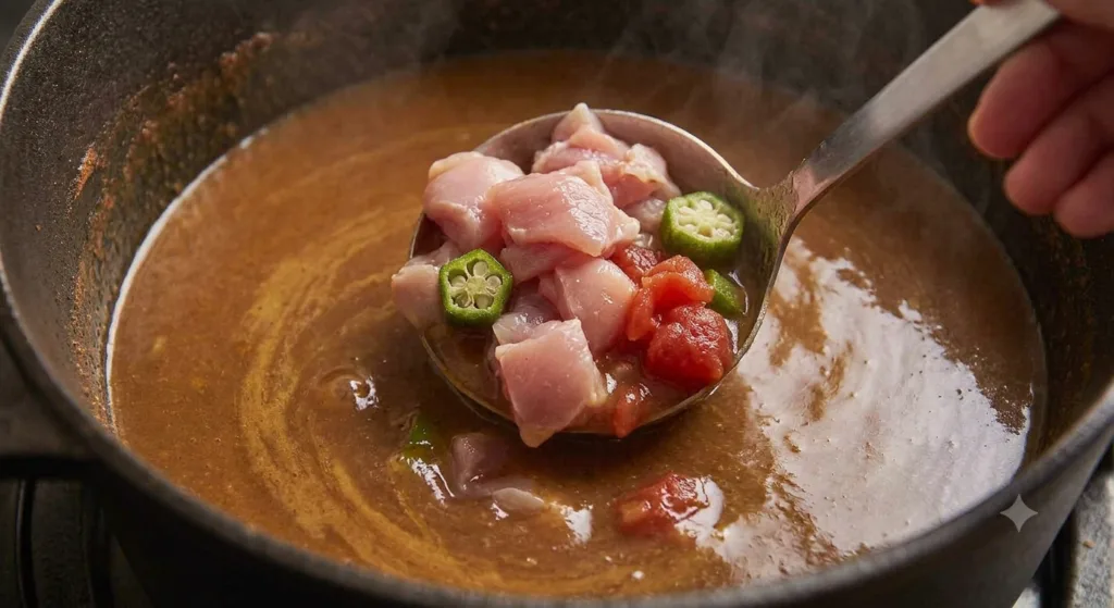A metal ladle lowering cubed chicken thighs, sliced okra, and diced tomatoes into a simmering brown broth.
