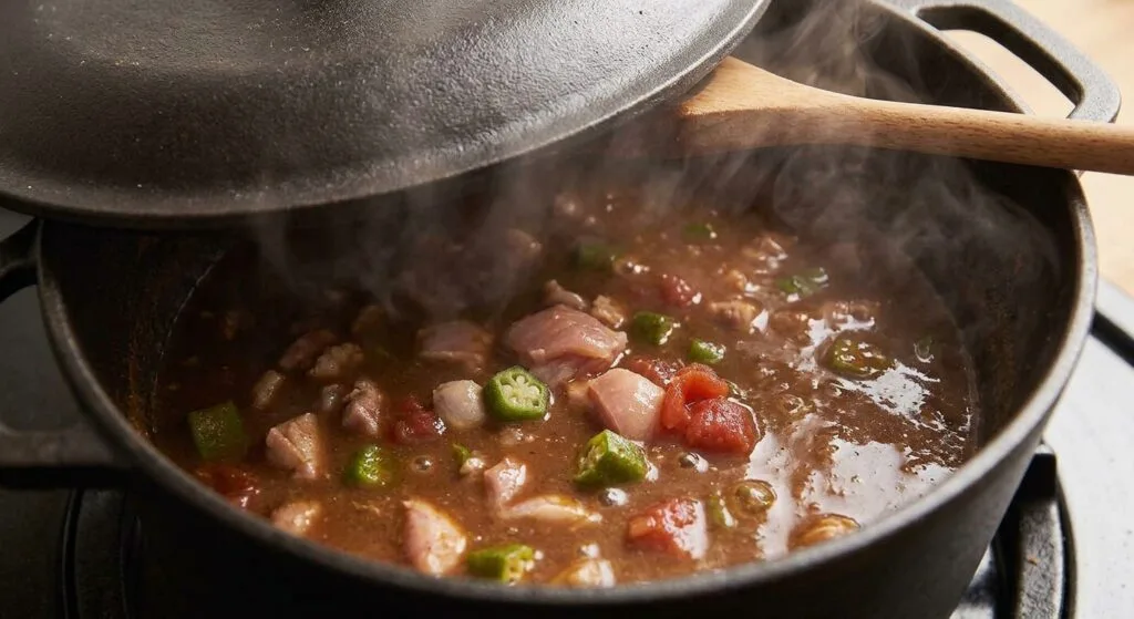 A heavy cast-iron pot with a partially open lid emitting steam, showing simmering chicken gumbo inside.