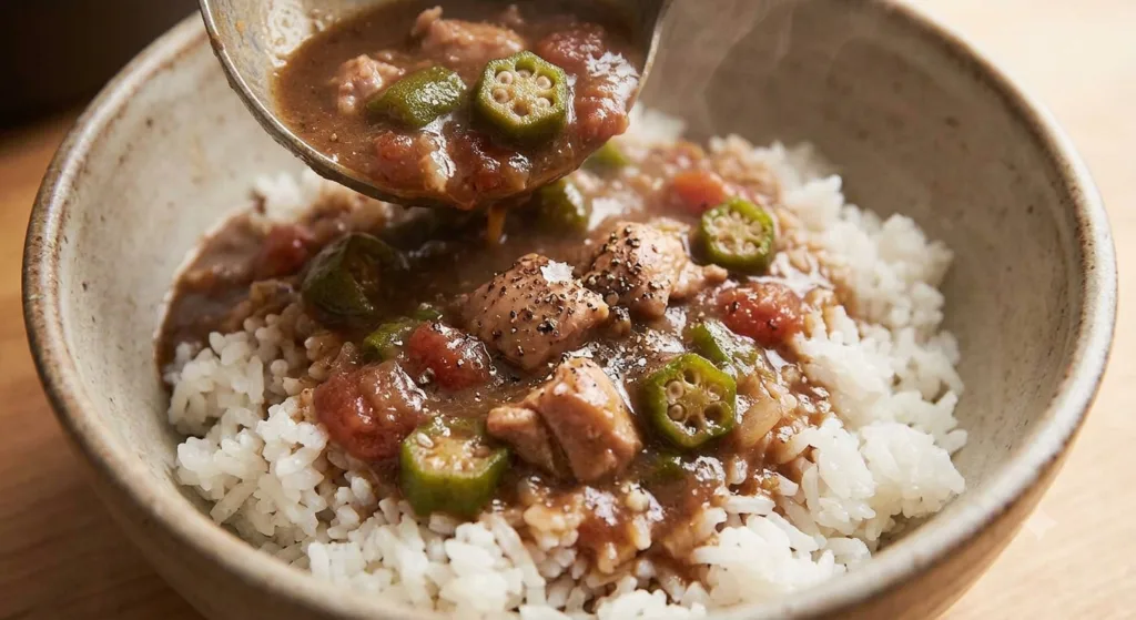 A rustic ceramic bowl of fluffy white rice topped with thick, dark chicken gumbo soup with okra and tomatoes