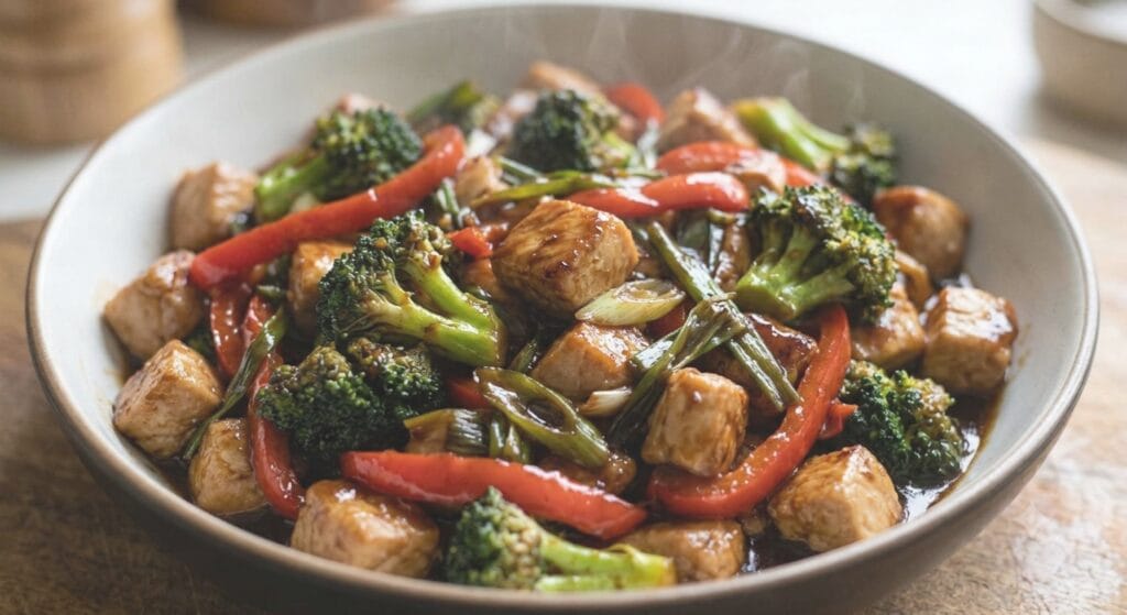 Chicken Stir-Fry Sauce Formula Recipe | Easy Cooking Guide 14 A bowl filled with chicken stir-fry featuring broccoli, red bell peppers, and green onions coated in a glossy brown sauce, showing the final dish prepared using the Chicken Stir-Fry Sauce Formula Recipe.