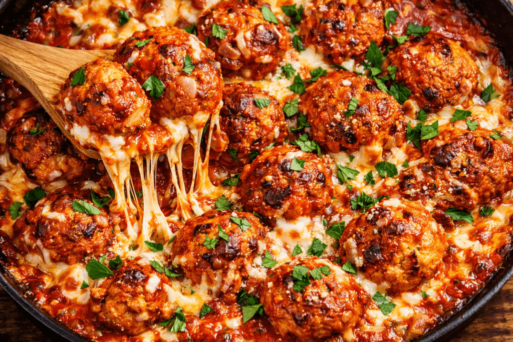 Side angle view of a cast iron skillet filled with meatballs and melted cheese for a family ground chicken recipe.