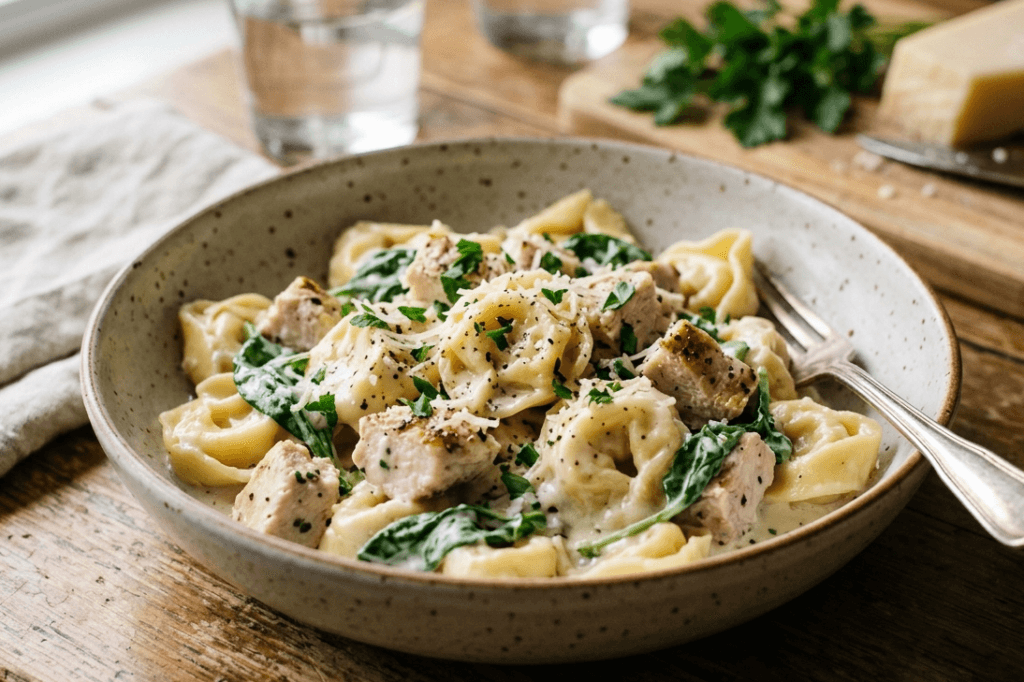 Best Chicken Alfredo Tortellini You'll Make in 30 Minutes 6 Extreme close up shot of creamy Chicken Alfredo Tortellini garnished with cracked black pepper and parsley