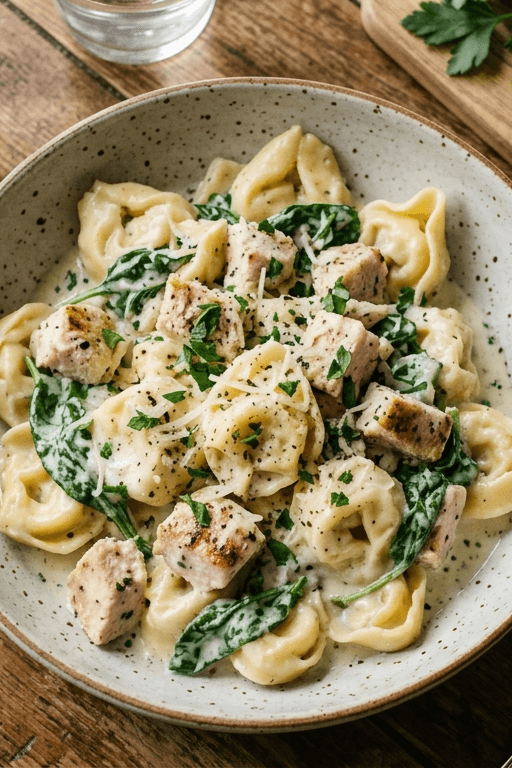 Best Chicken Alfredo Tortellini You'll Make in 30 Minutes 5 Top-side angle view of homemade Chicken Alfredo Tortellini with grilled chicken cubes and herbs