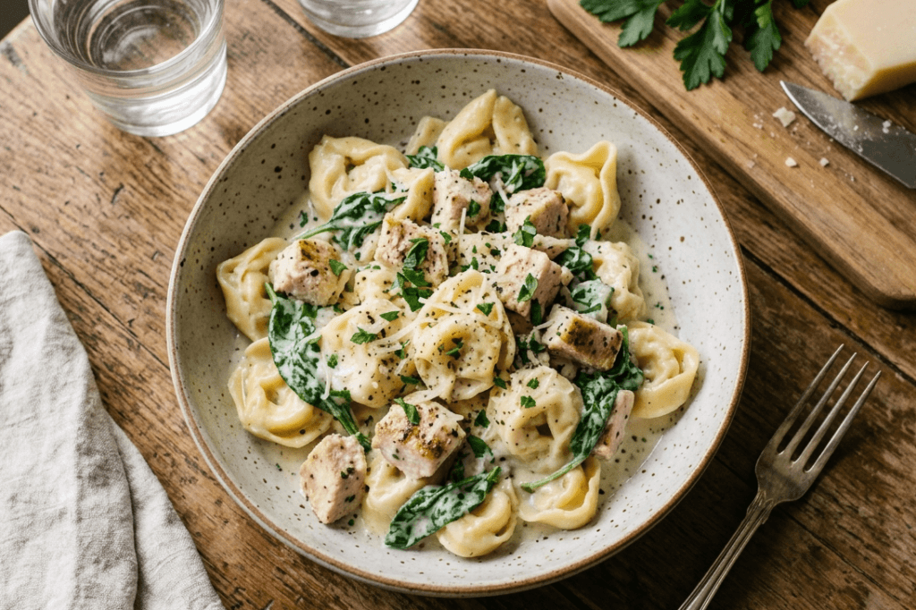 Best Chicken Alfredo Tortellini You'll Make in 30 Minutes 7 Flat lay top view of a ceramic bowl filled with Chicken Alfredo Tortellini on a wooden background