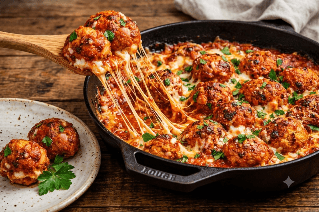 Close-up of a epic cheese pull from a freshly cooked ground chicken recipe in a rustic pan.