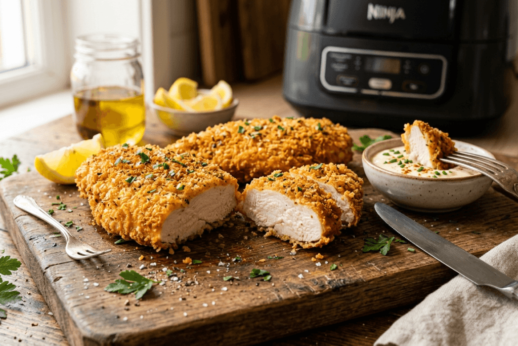 Breaded Air Fryer Chicken Breast golden crunchy coating and tender meat