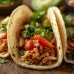 A close-up, eye-level shot of three soft flour tortillas filled with seasoned sHealthy Shredded Chicken Al Pastor Tacos, topped with diced tomatoes and fresh chopped cilantro, arranged in a row on a rustic wooden table with salsa and lime blurred in the background.