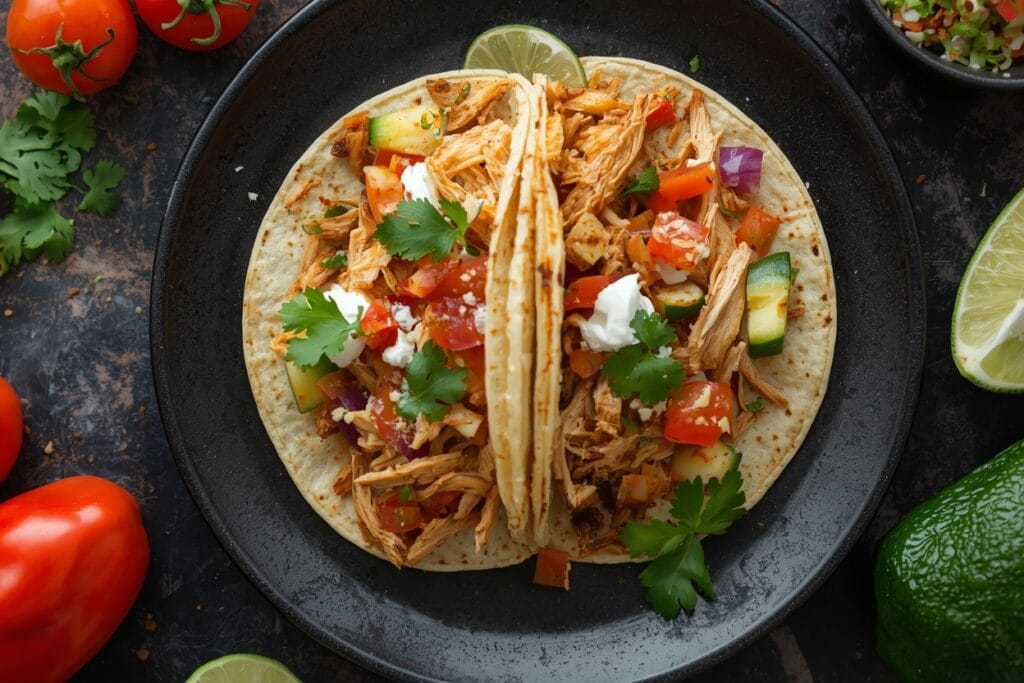 Top-down view of two soft corn tortillas loaded with shredded chicken, topped with diced tomatoes, onions, fresh cilantro, sour cream, and crumbled cheese, served on a round black plate surrounded by whole tomatoes, lime wedges, and a fresh avocado.