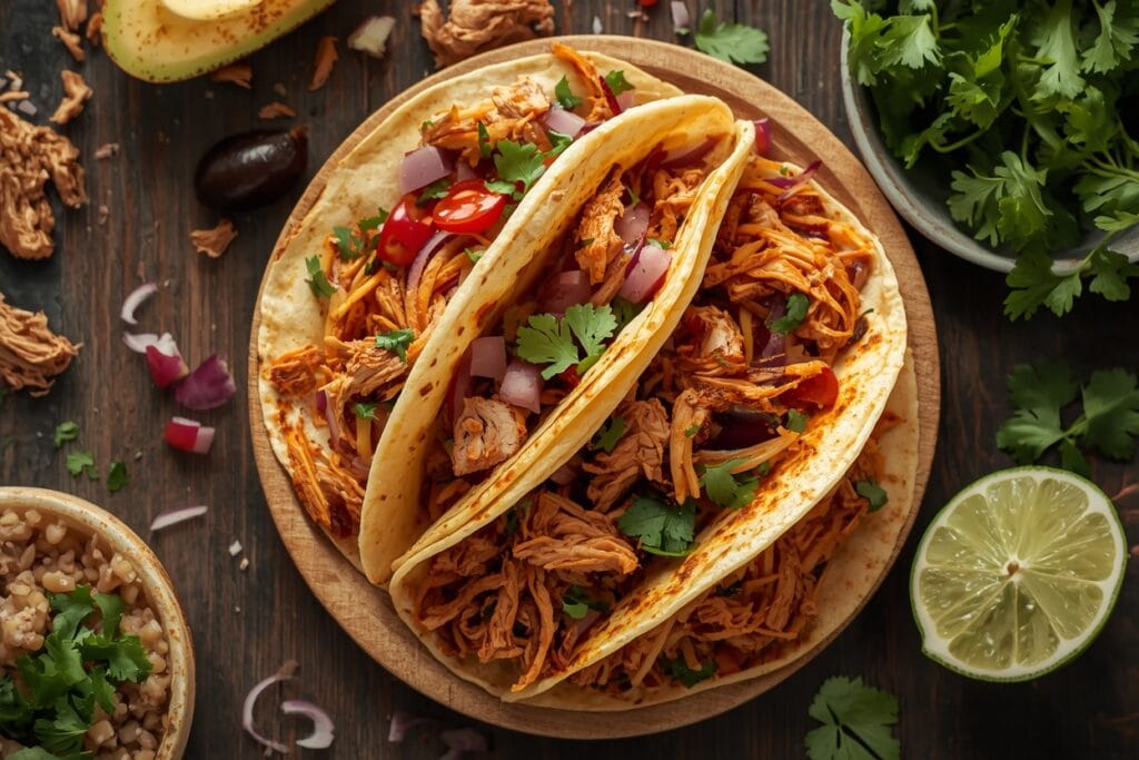 A top-down view of three soft corn tortillas tightly packed with shredded chicken, diced red onions, chopped tomatoes, and fresh cilantro, served on a round wooden board surrounded by a bowl of rice, a lime half, avocado, and fresh greens on a dark wooden table.