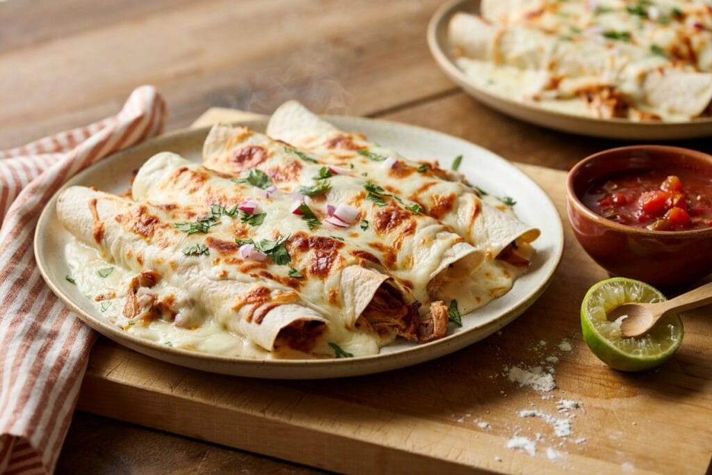 White Chicken Enchiladas topped with melted cheese, cilantro, and red onion.