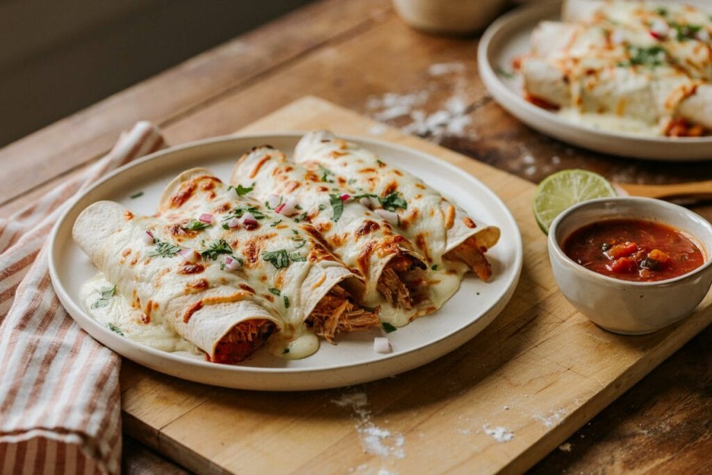 Hot White Chicken Enchiladas served with avocado, lime, and salsa verde.
