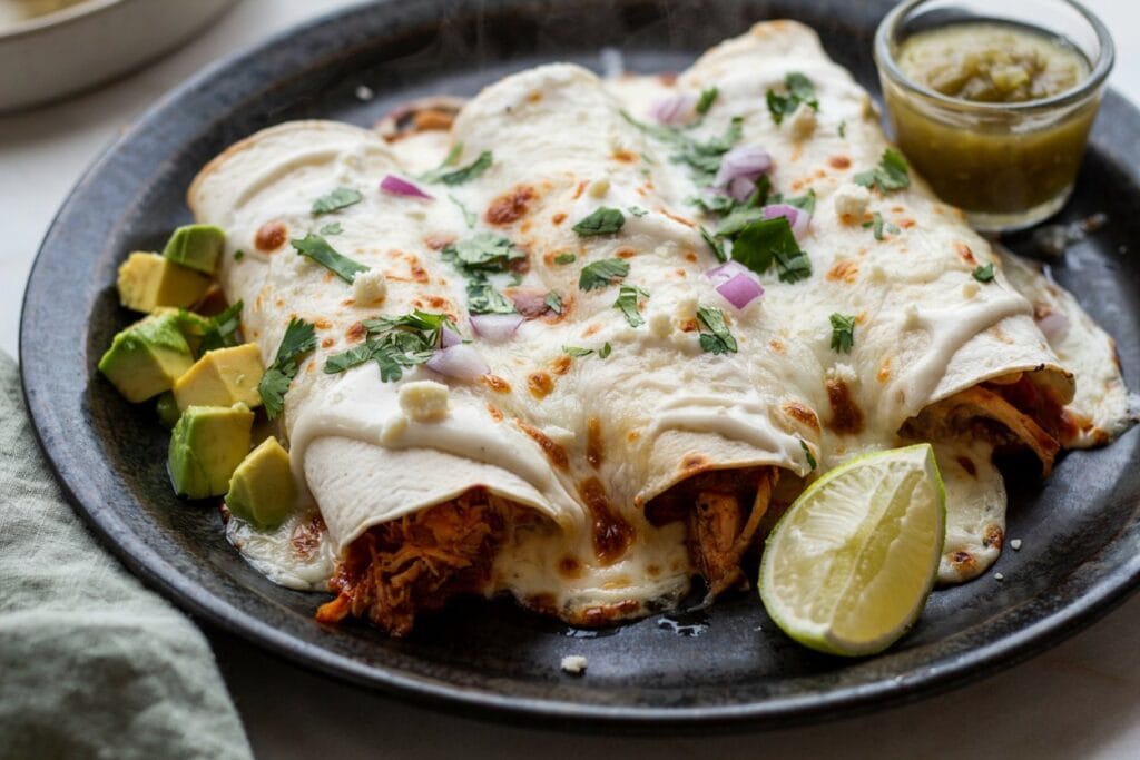 White Chicken Enchiladas with red onion, cilantro, and creamy sauce.