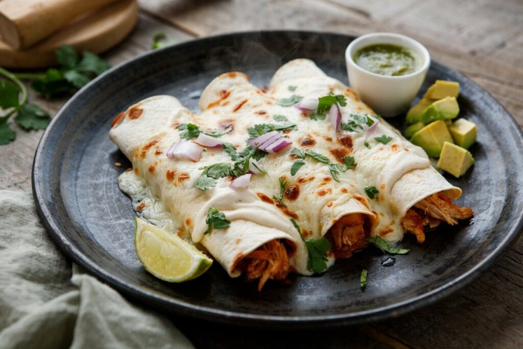 White Chicken Enchiladas served with salsa and lime on a rustic table.