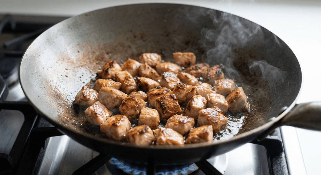 Chicken Stir-Fry Sauce Formula Recipe | Easy Cooking Guide 13 Close-up of chicken cubes being seared in a hot frying pan with rising steam, showing golden-brown crust development as part of the Chicken Stir-Fry Sauce Formula Recipe cooking process. If you upload the next image, I’ll generate the next title and alt text immediately.