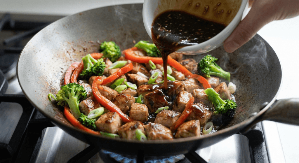 Chicken Stir-Fry Sauce Formula Recipe | Easy Cooking Guide 18 A close-up of chicken, broccoli, red bell peppers, and green onions in a hot wok while a dark homemade sauce is being poured over the stir-fry, illustrating the Chicken Stir-Fry Sauce Formula Recipe with fresh ingredients and steam rising from the pan.