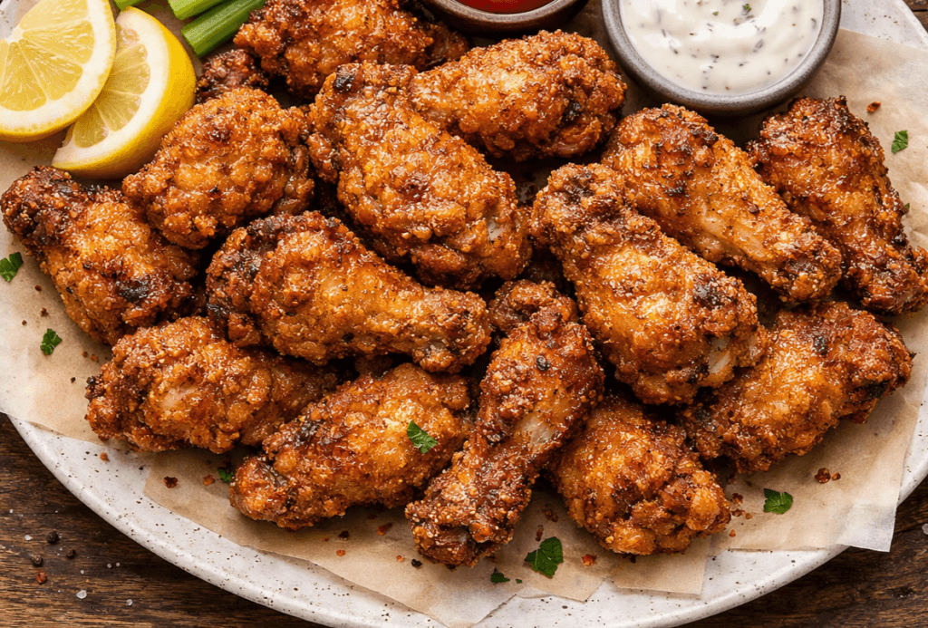 Ultra Crispy Air Fryer Wings (Cornstarch in 22 Minutes) 6 Overhead view of ultra crispy wings air fryer recipe showing golden brown chicken wings with celery, lemon, ketchup, and ranch sauce on a white plate.