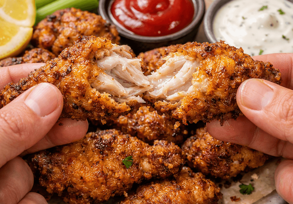 Close-up of ultra crispy wings air fryer recipe showing hands breaking a golden chicken wing to reveal juicy white meat with ketchup and ranch dips.