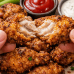 Close-up of ultra crispy wings air fryer recipe showing hands breaking a golden chicken wing to reveal juicy white meat with ketchup and ranch dips.