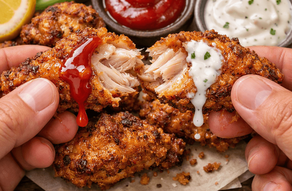 Ultra Crispy Air Fryer Wings (Cornstarch in 22 Minutes) 7 Overhead close-up of Ultra Crispy Wings Air Fryer recipe showing a broken chicken wing with red and white sauce dripping over golden crispy coating.