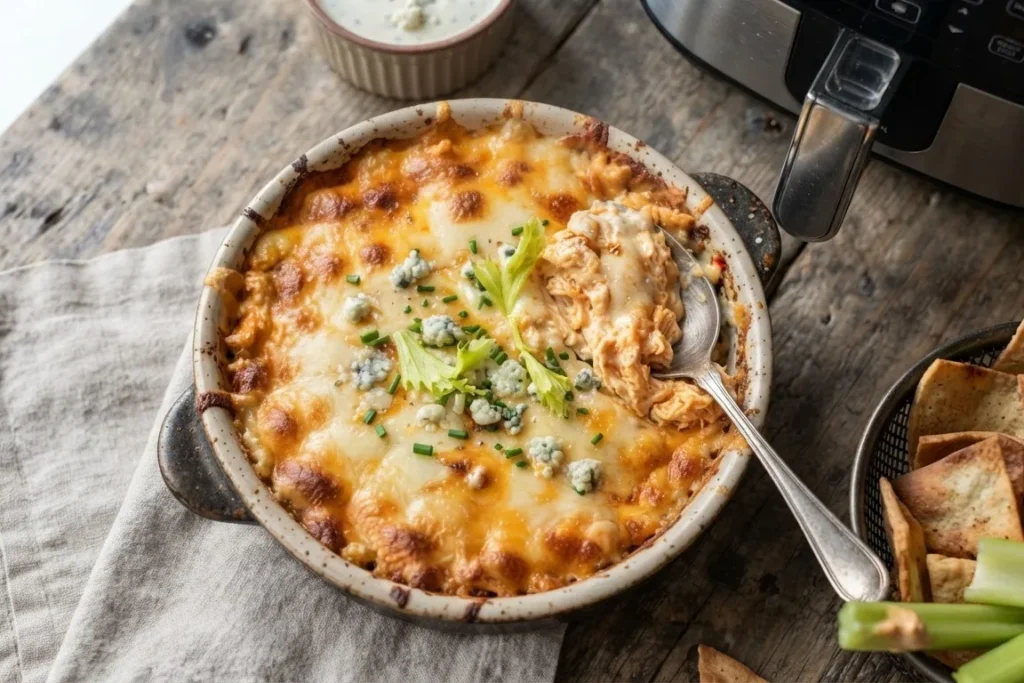 A hot homemade dish of Air Fryer Buffalo Chicken Dip featuring spicy buffalo sauce and melted mozzarella on top, placed on a rustic wooden table.