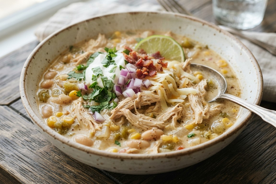 Creamy White Chicken Chili With Tender Shredded Chicken