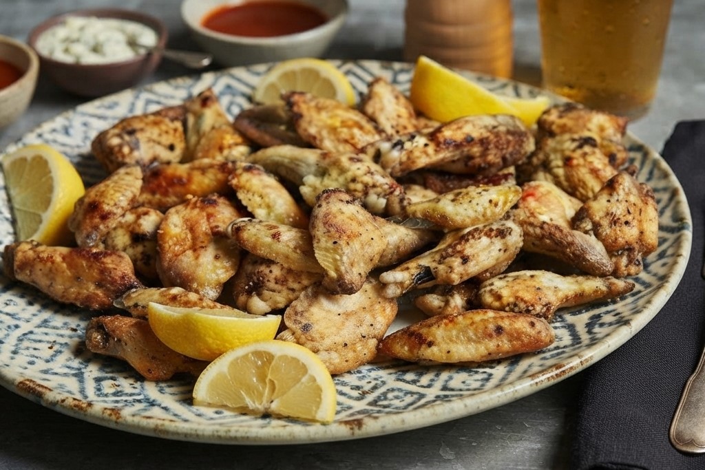 Golden brown Oven-Baked Chicken Wings garnished with fresh lemon slices, ready to be sliced with a knife and fork.