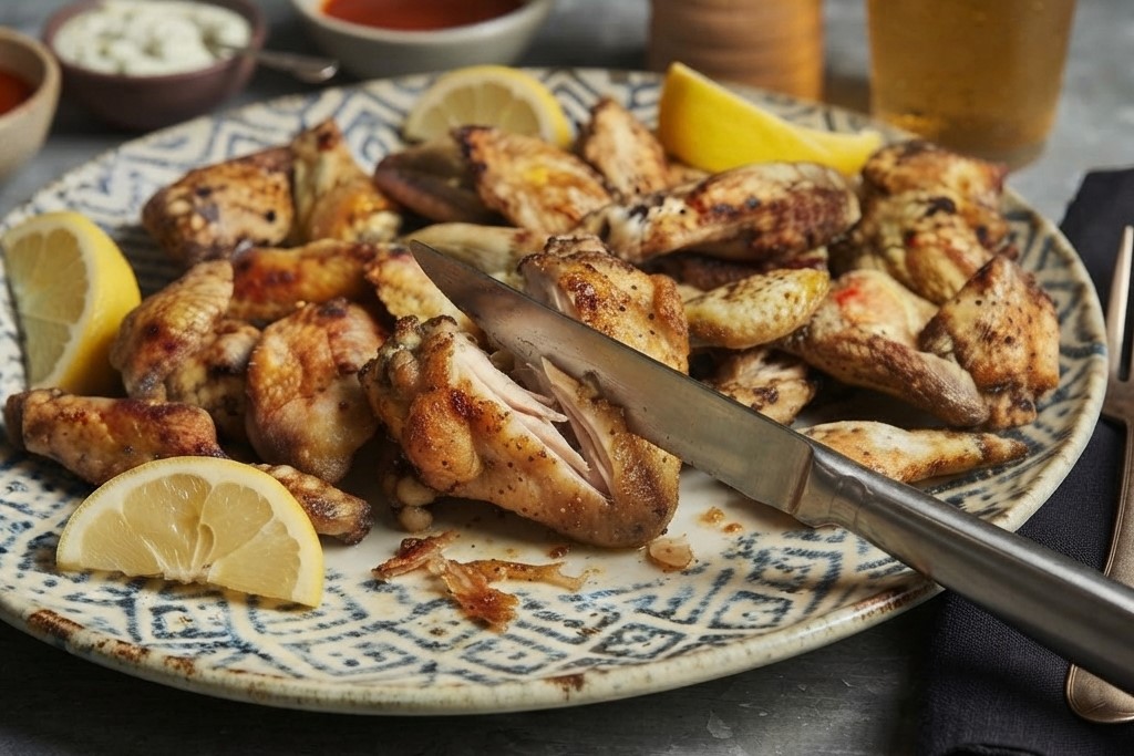 Crispy Oven-Baked Chicken Wings seasoned with lemon pepper, served with lemon wedges and dipping sauces on a patterned plate.