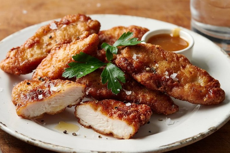 Pan fried chicken tenders crispy and golden in a skillet