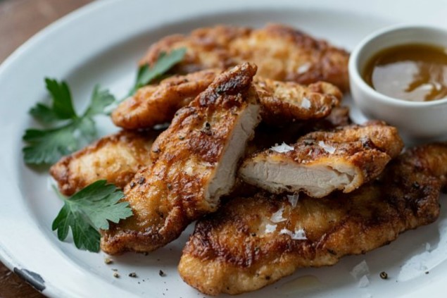 Juicy pan fried chicken tenders ready to serve for dinner