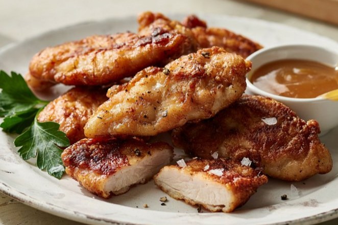 Crispy pan fried chicken tenders cooked until golden brown