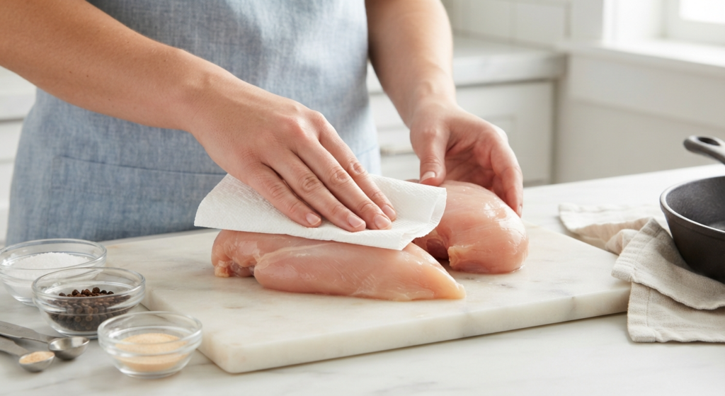 A close-up view of hands holding a paper towel, gently patting the moisture from two raw chicken breasts on a clean marble surface. This crucial step in preparing Parmesan Crusted Chicken ensures a crispy sear.