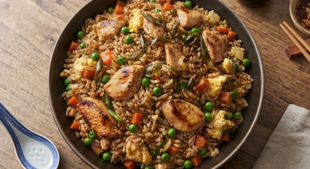 An appetizing bowl of homemade chicken fried rice served on a rustic wooden table with soy sauce and chopsticks, perfect for a fast and healthy dinner