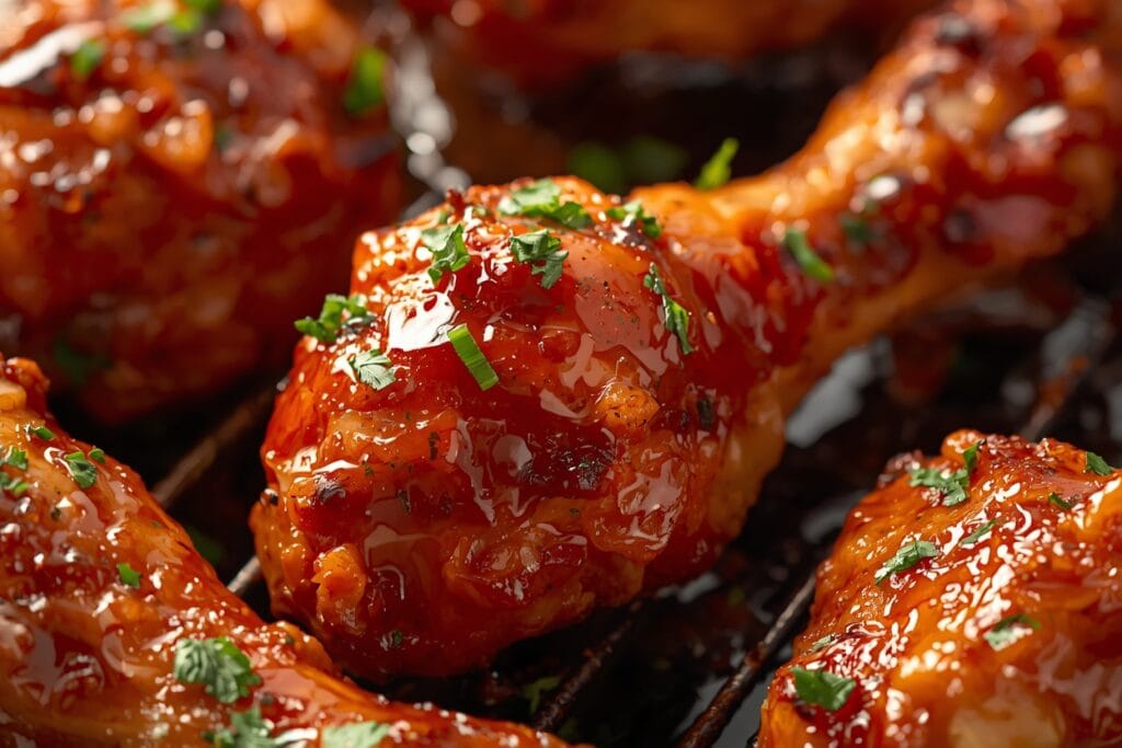BBQ Air Fryer Chicken Drumsticks freshly cooked in an air fryer with caramelized BBQ sauce and perfectly crispy texture