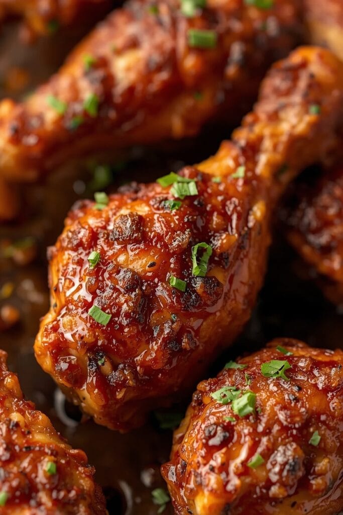 BBQ Air Fryer Chicken Drumsticks Done Right 6 BBQ Air Fryer Chicken Drumsticks arranged on a plate with rich barbecue glaze, tender chicken, and crispy skin.