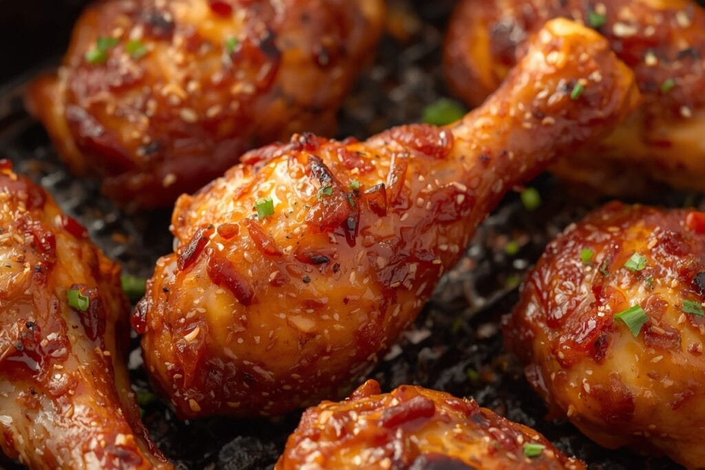 BBQ Air Fryer Chicken Drumsticks Done Right 8 BBQ Air Fryer Chicken Drumsticks with crispy golden skin coated in a smoky barbecue glaze, cooked until juicy and tender