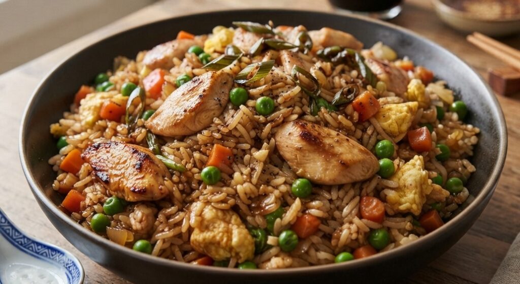 A close-up photograph of a rustic bowl filled with savory chicken fried rice, featuring seared chicken breast pieces, scrambled egg, green peas, and diced carrots on a wooden table.